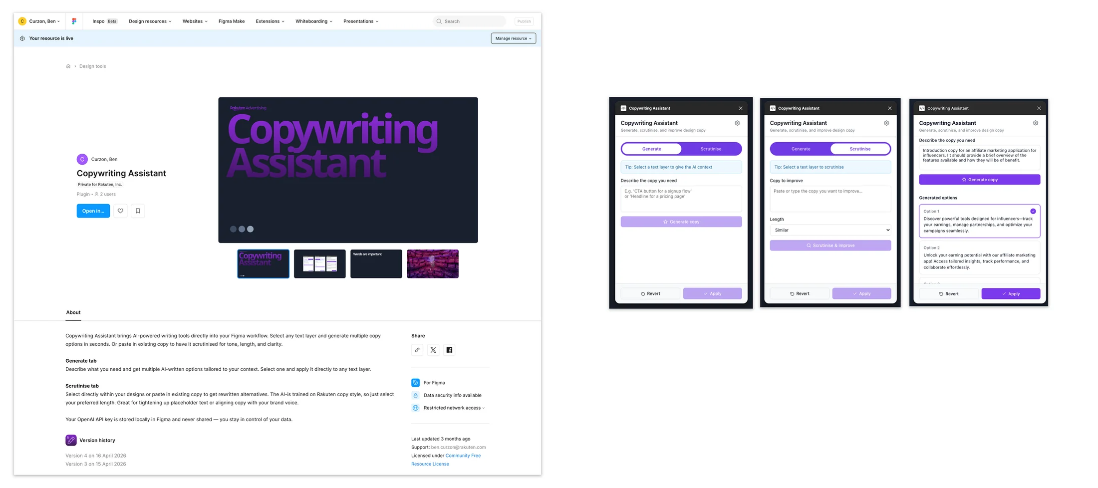 Copywriting Assistant Figma plugin: community listing and the Generate and Scrutinise tabs