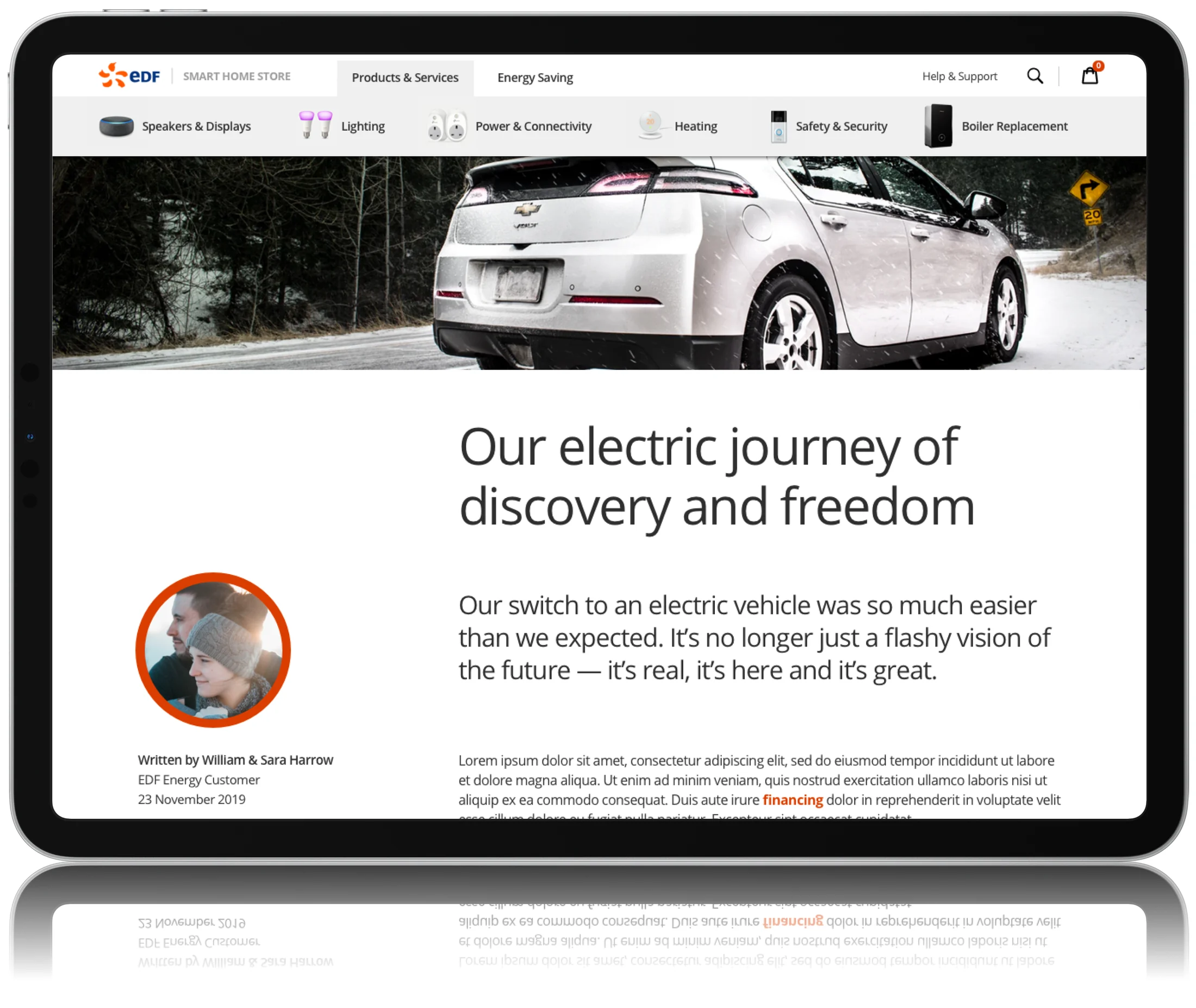 EDF Smart Home Store customer story on a tablet: Our electric journey of discovery and freedom