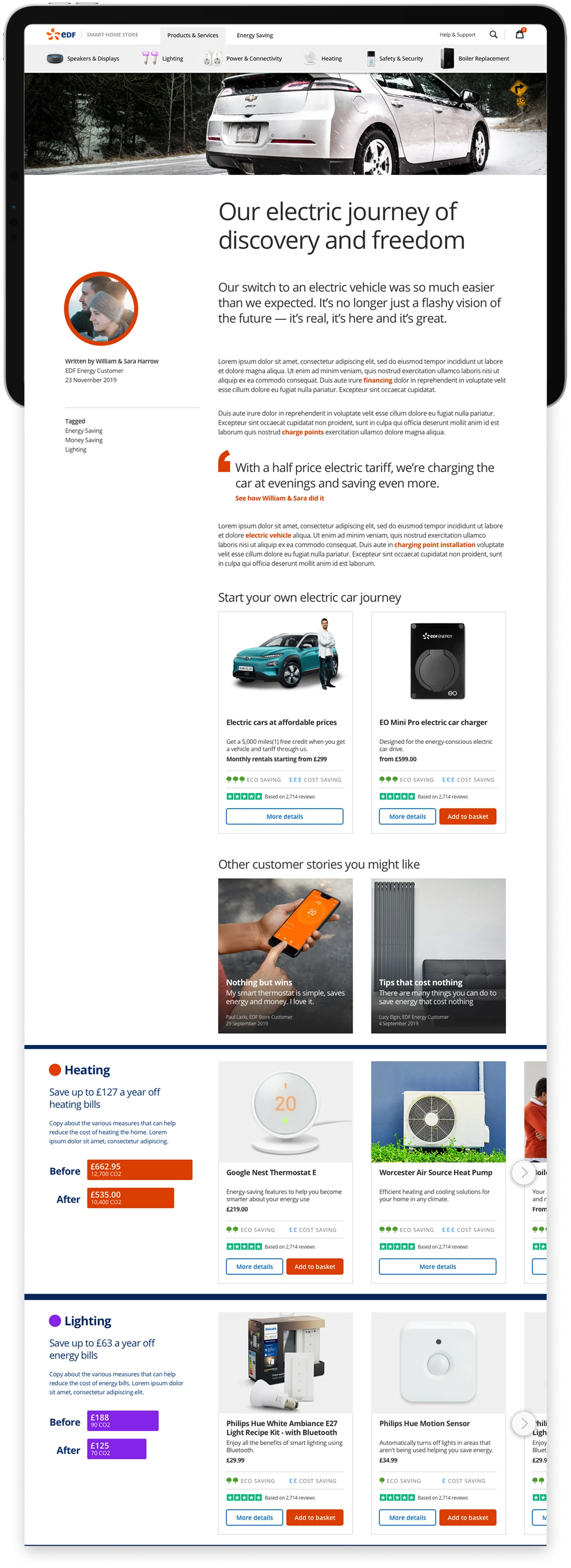 Full EDF Smart Home Store page on a tablet: customer story, related products, and savings by category with before and after costs