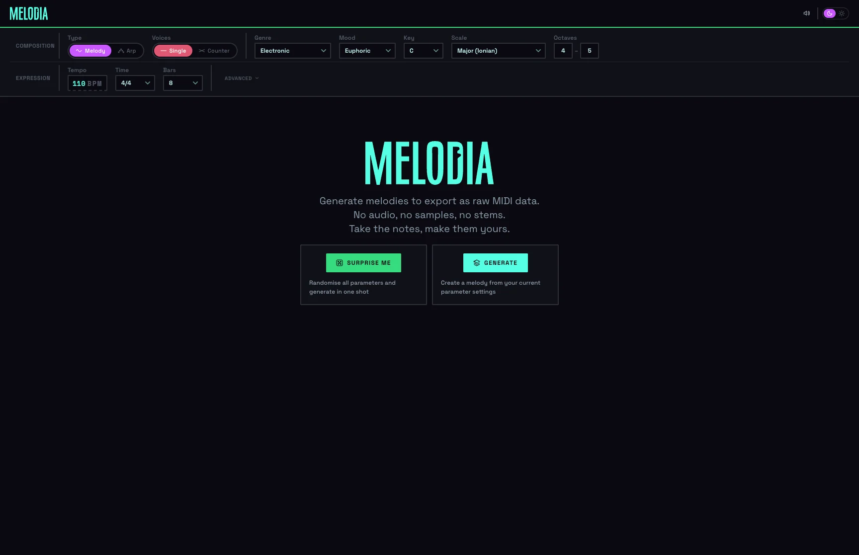 Melodia — start screen