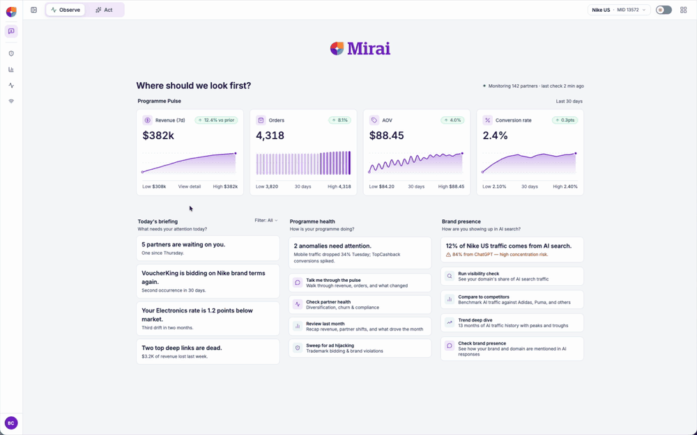 Looping screen recording of Mirai: reviewing pending partner applications with approve and decline actions, then asking for creator recommendations and inviting them from interactive cards in the chat
