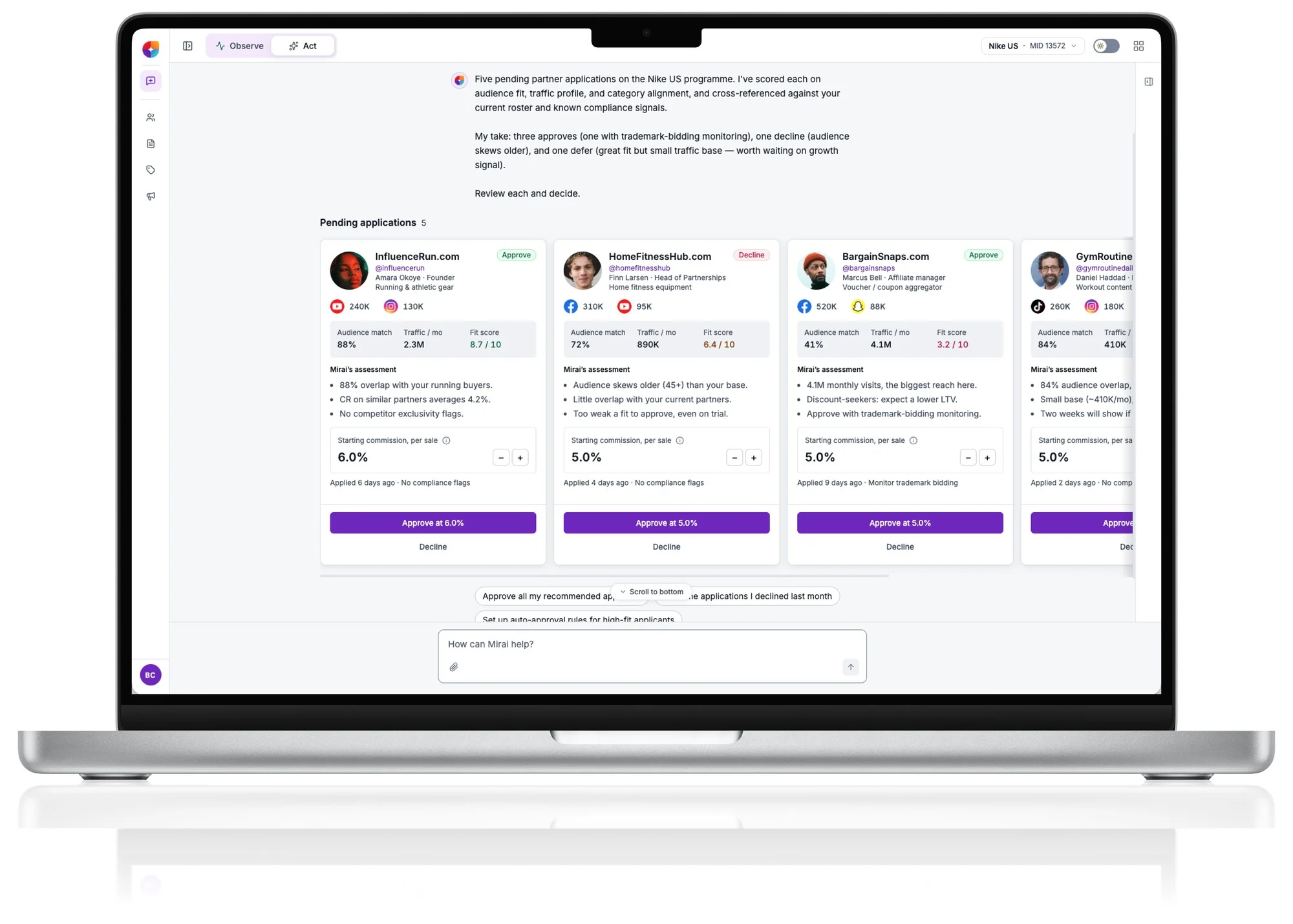 Mirai on a laptop: five pending partner applications shown as cards, each with an assessment, commission control and approve or decline buttons