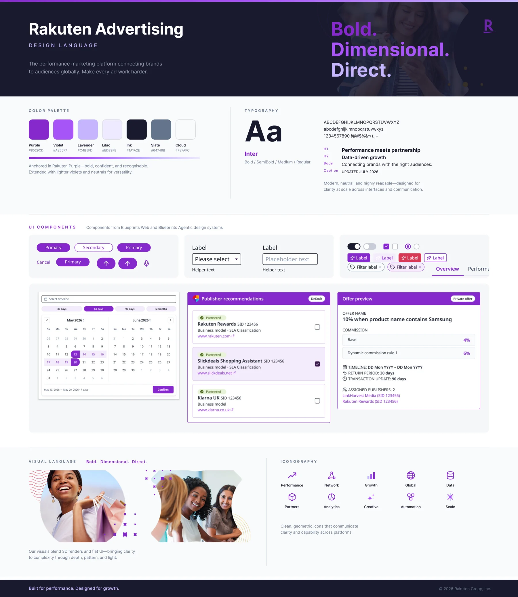 Rakuten Advertising design language cheat sheet: colour palette, typography, UI components, visual language and iconography