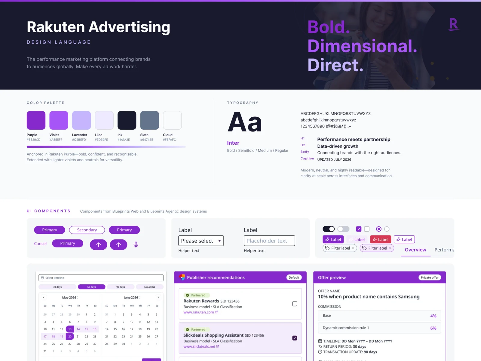 Rakuten Advertising design language cheat sheet: colour palette, typography, UI components, visual language and iconography
