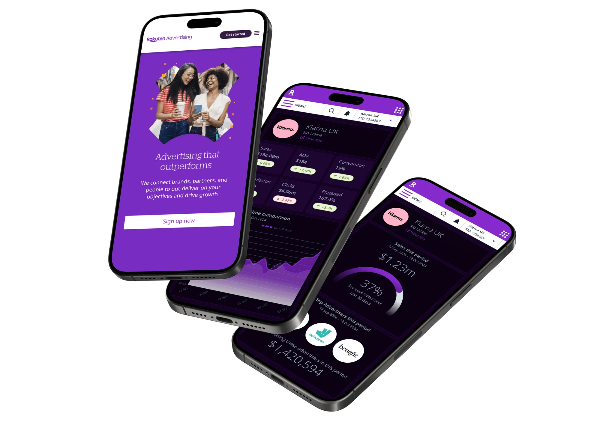 Rakuten Advertising mobile site and Klarna UK dashboard on three phones