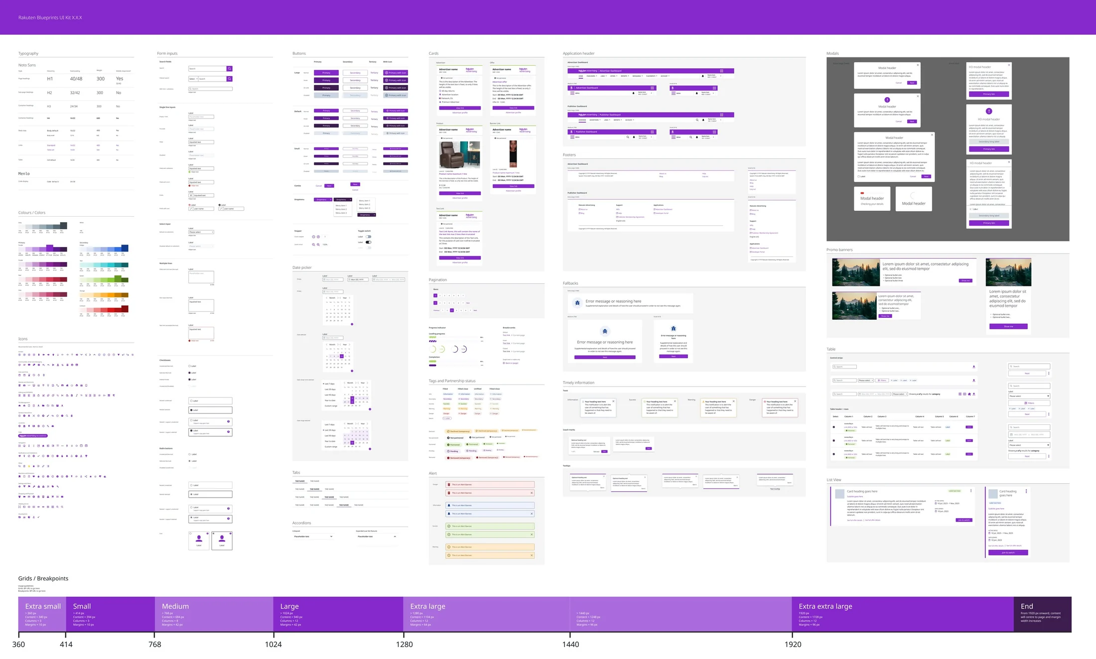 Rakuten Blueprints UI kit: typography, colour, icons, form inputs, buttons, cards, headers, modals, tables, alerts and grid breakpoints