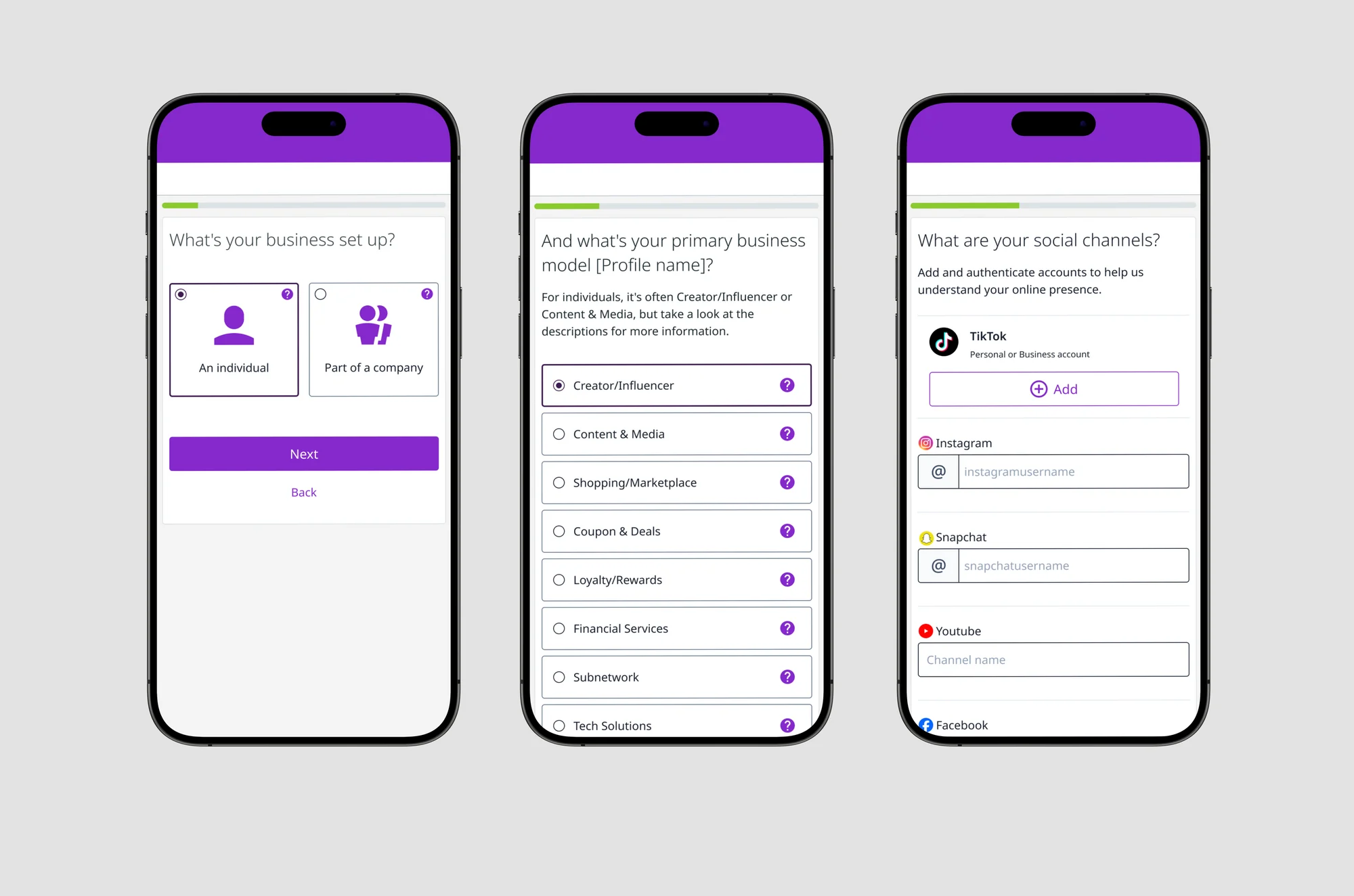 Redesigned onboarding flow: business set-up, business model and social channels screens on mobile